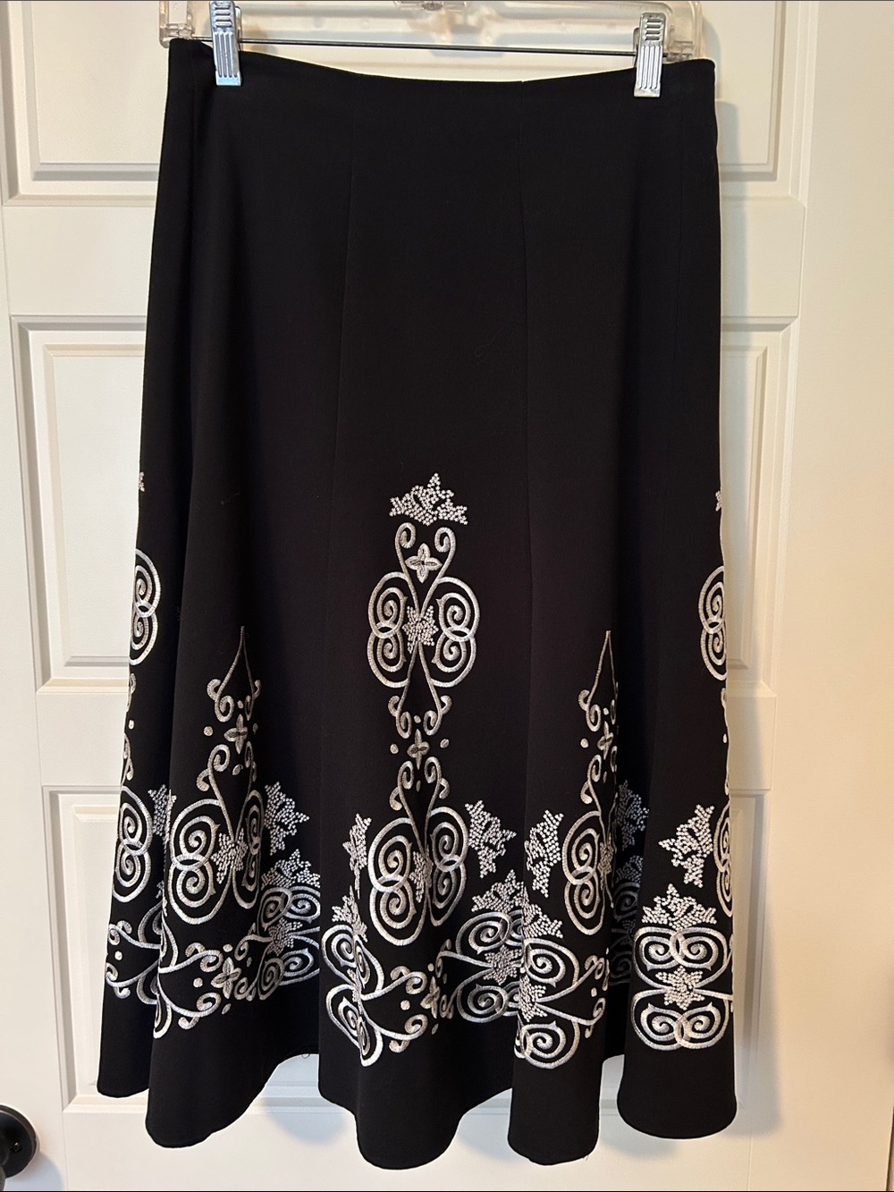 Sunny Leigh Black A-Line Skirt with White Embroidered Scroll Motifs